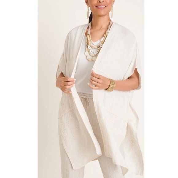Chico’s Cream Embroidered Ruana Wrap Kimono Cardigan One Size Cotton Blend - Picture 1 of 15